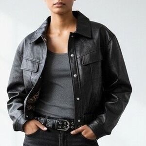 Cider Black Faux Leather Cropped Jacket Leopard Lining Size L